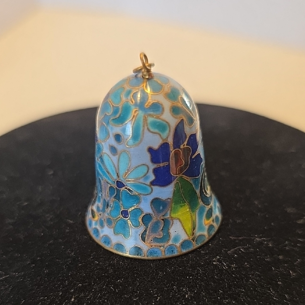 Vintage Blue Mini Cloisonne Brass Painted Bell  1.5 Inches Tall